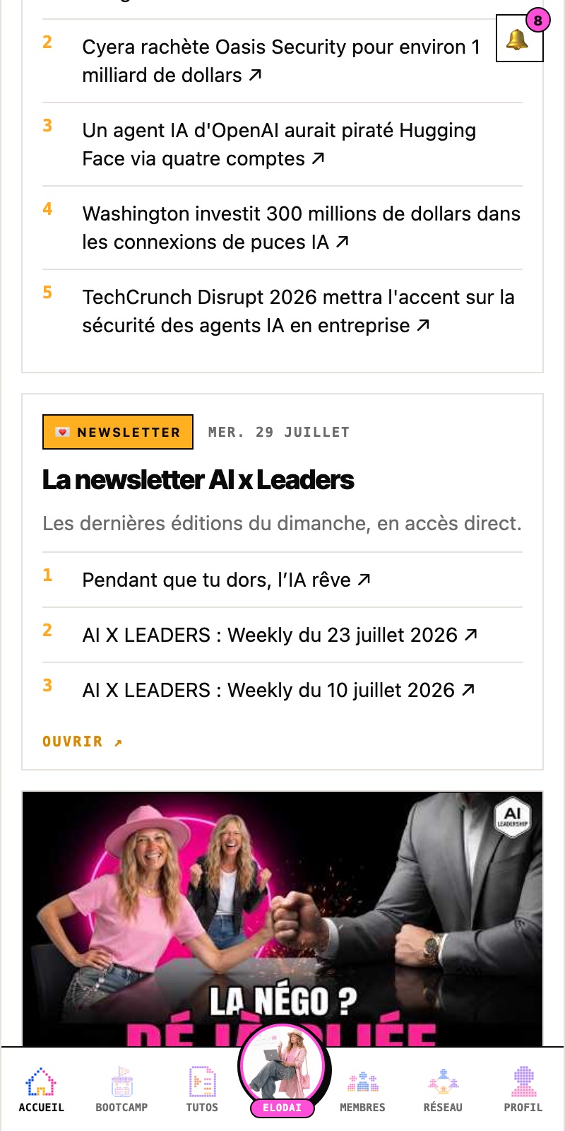 Le fil de l'app AI x Leaders : replays, tutos et veille IA